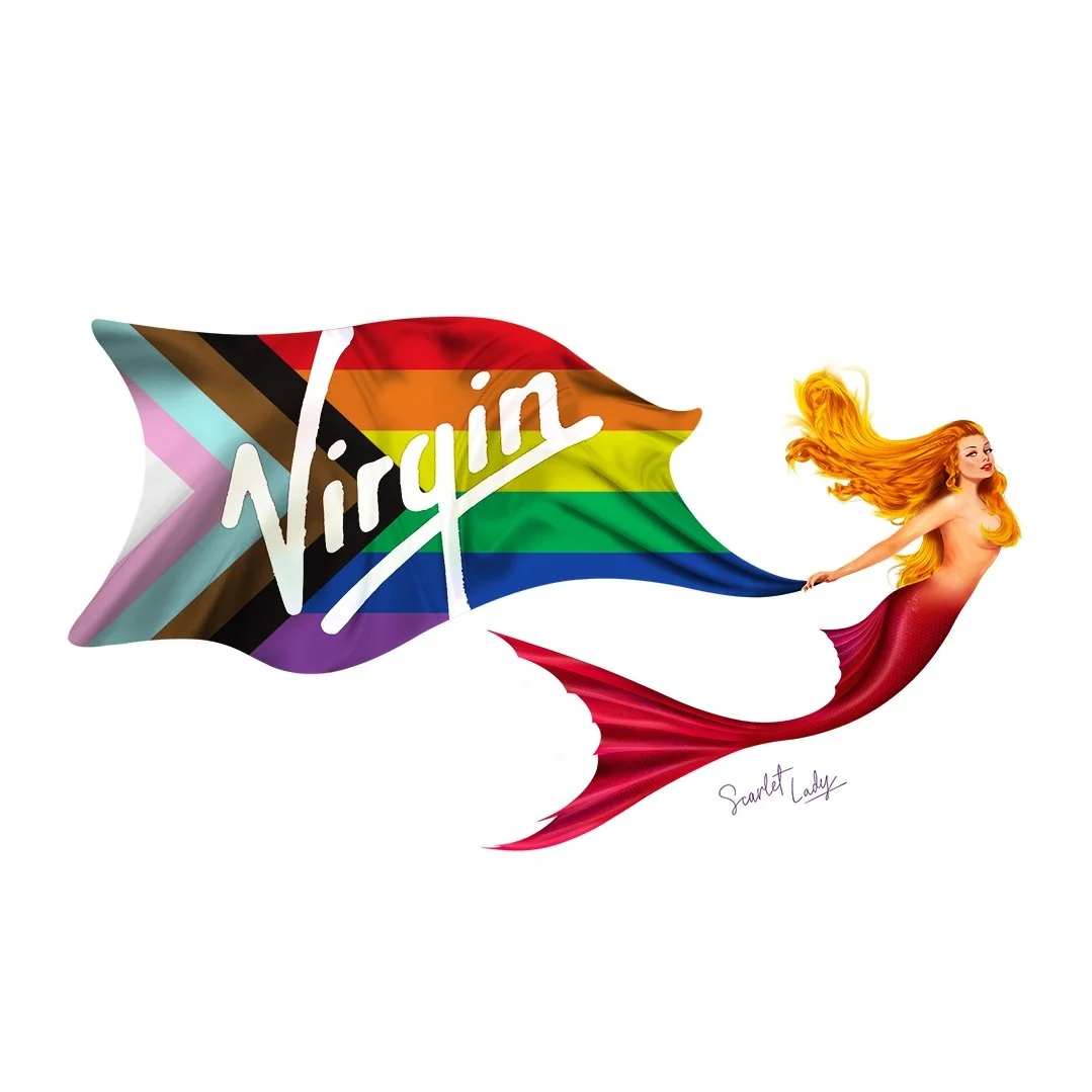 A colorful rainbow-colored fish-shaped flag with the word 'Virgin' written on it, attached to a mermaid with long flowing red hair, pink tail, and upper body covered with bare skin, signed 'Scarlet Lady'.