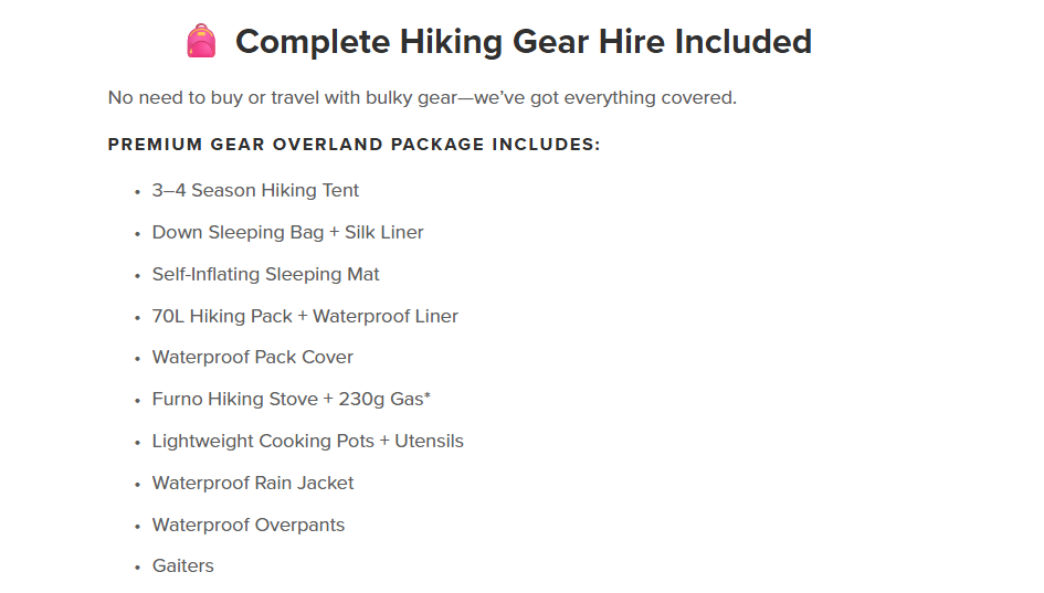 Overland Track gear hire including tent sleeping bag hiking pack rain gear and cooking equipment
