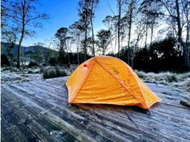 tent setup on platform near the overland track