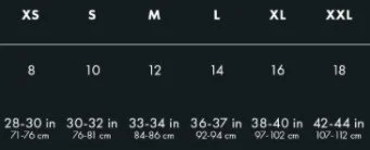 down jacket size chart