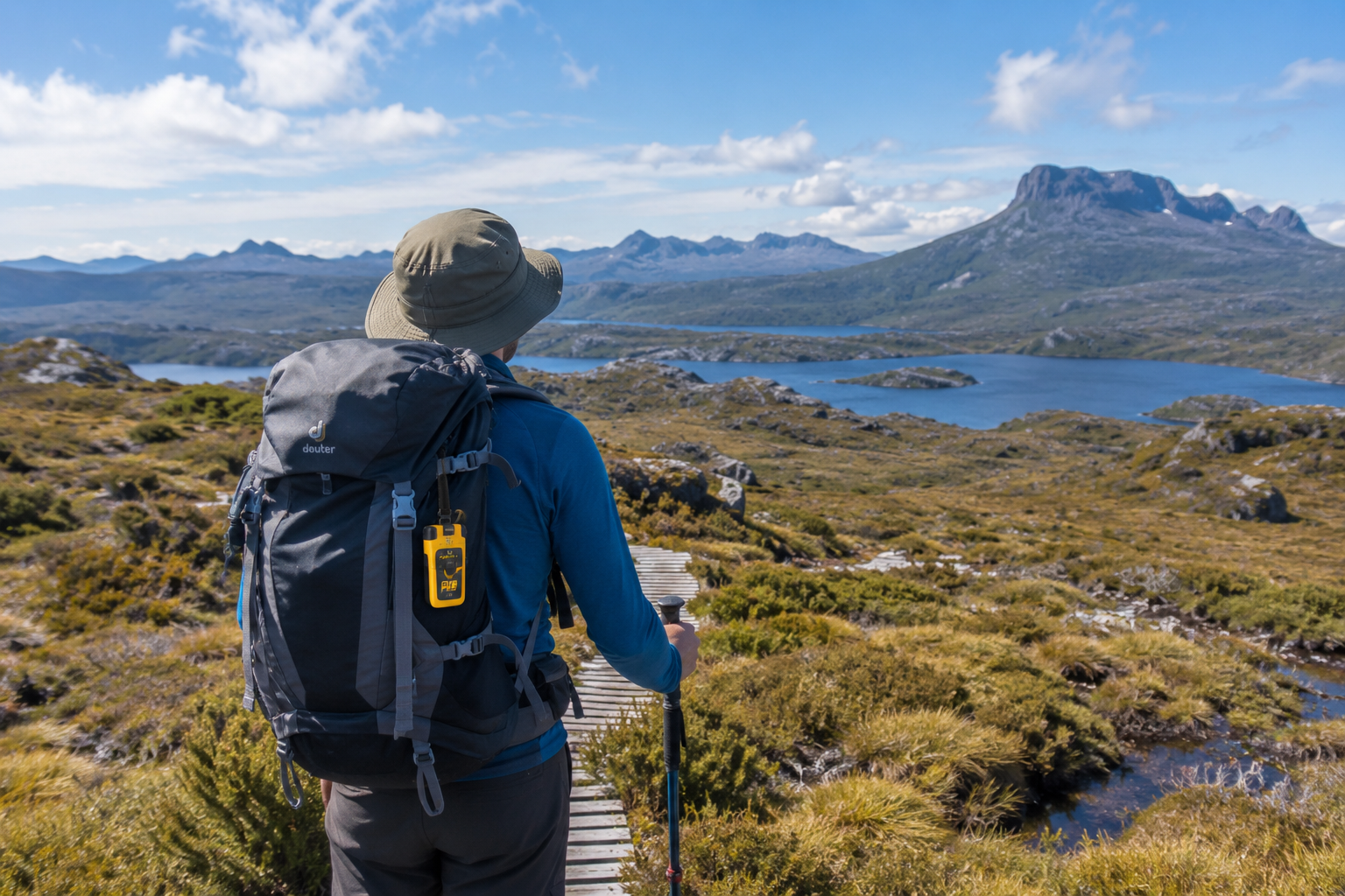 hiker looking towards cradle mountain on the overland track with plb