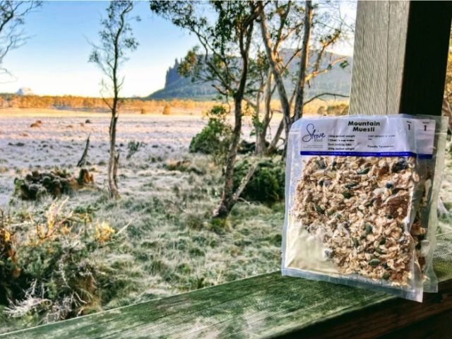 mountain muesli on hut window shelf near the overland track