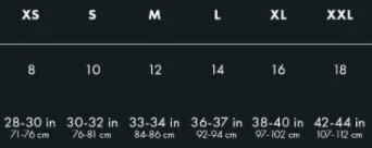 size chart for waterproof pants