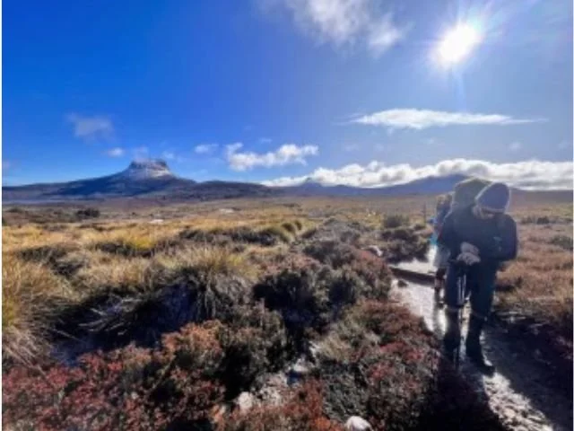 hikers leaving barn bluff along the overland track