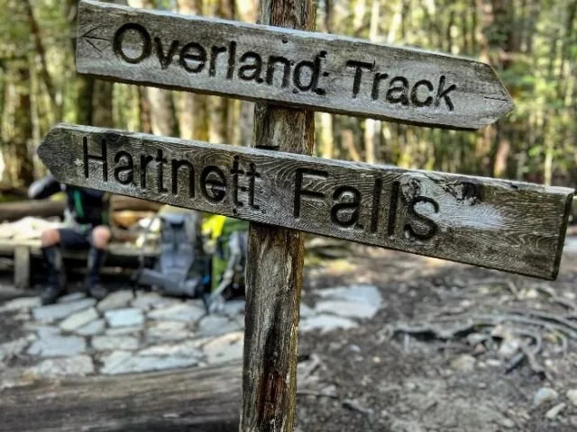 overland track and hartnett falls sign