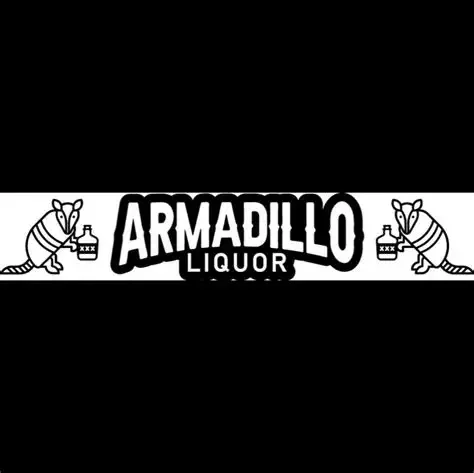 Logo for Armadillo Liquor with cartoon armadillos holding bottles on either side.