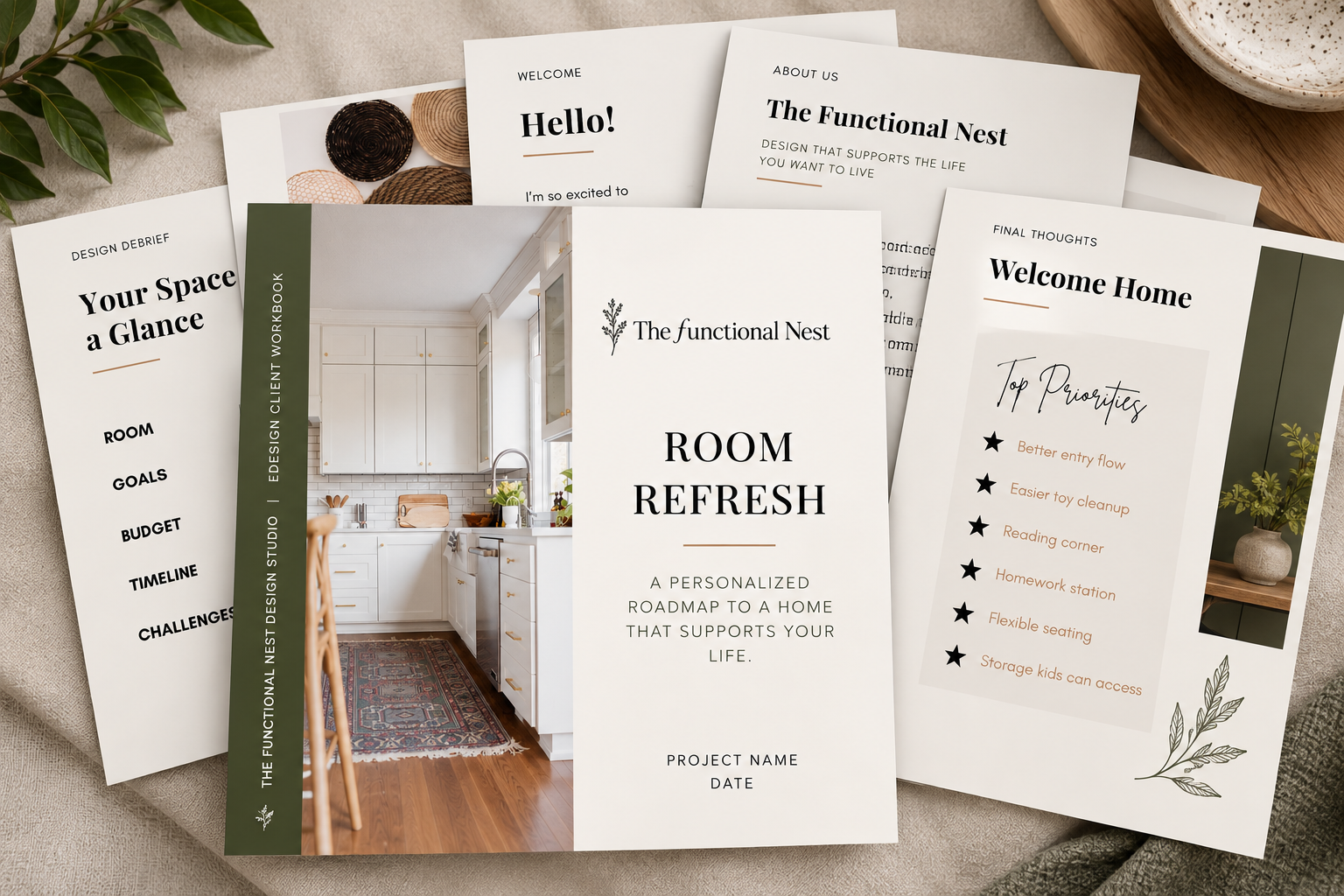 Brochures and a booklet about home renovation and design, featuring a kitchen interior, project plans, and notes on home priorities.