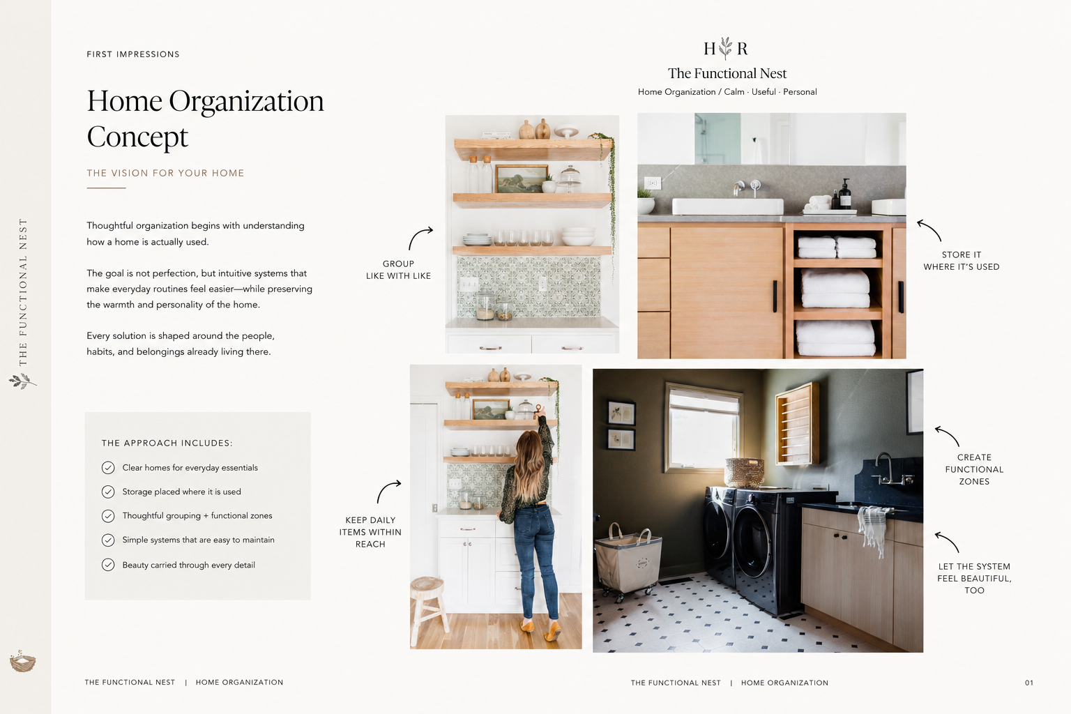 A page from a home organization guide featuring text and images. The page includes a title 'Home Organization Concept' and sections about understanding home use, grouping liked items, storing where used, and creating functional zones. There are photos of neatly organized shelves, a person reaching for items on a shelf, and a laundry room with organized laundry appliances and storage, illustrating organized home spaces.