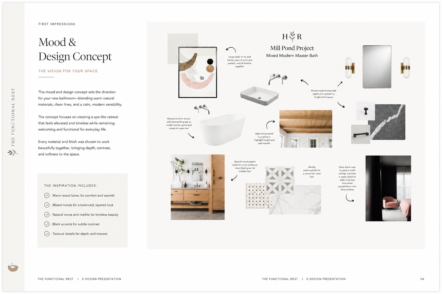 Design concept board for a modern bathroom with natural wood accents, marble tiles, black fixtures, and a white bathtub, including images of interior features and color/material samples.