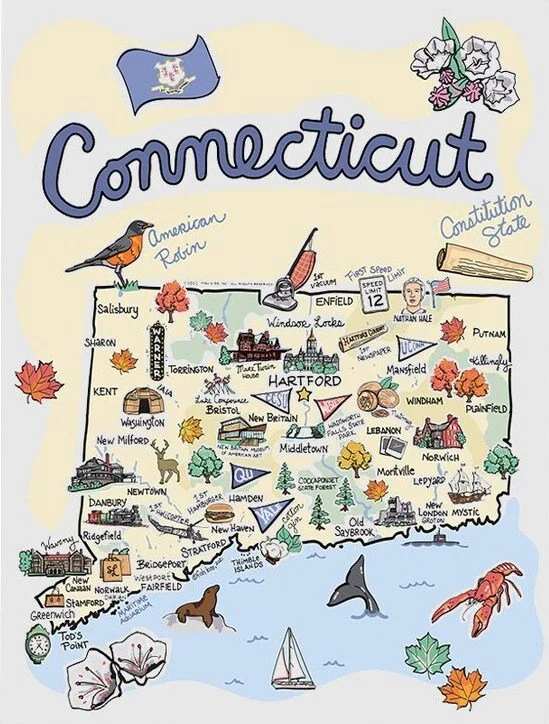 A colorful illustrated map of Connecticut showing various towns with landmarks, a whale and dolphin illustration, a lobster, a bird, the state flag and a few decorative elements like leaves and flowers.