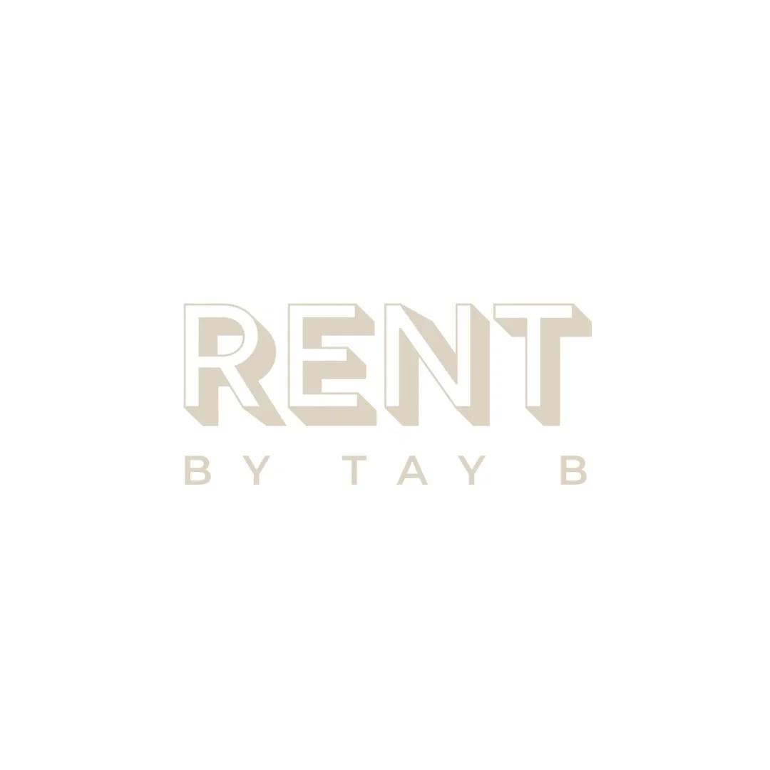 Rental business logo with the text 'RENT BY TAY B' in light beige on a white background.