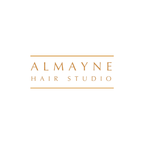 Almayne Hair Studio logo in brown text with lines above and below