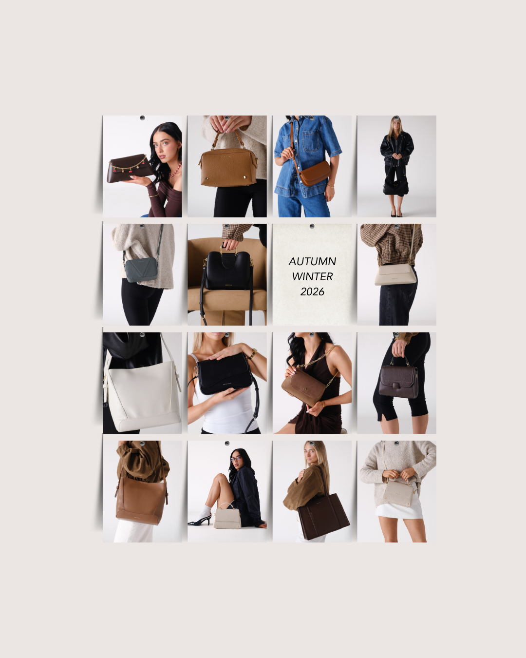 Collage of models showcasing various handbags for autumn and winter 2026 season.