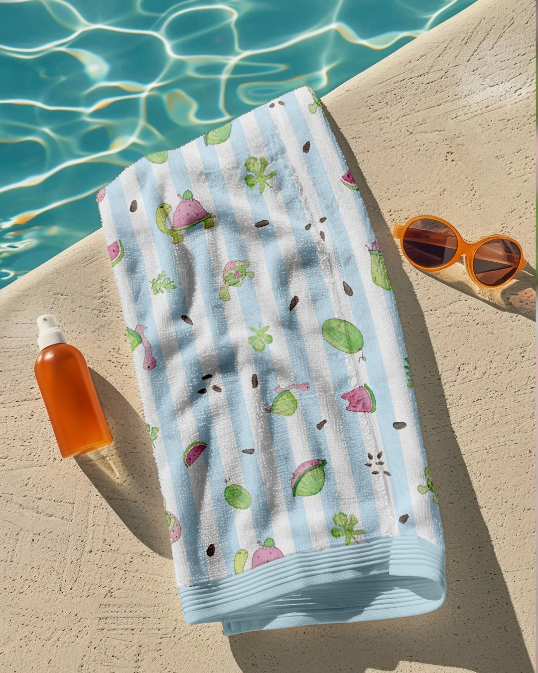 Beach Towel with Slow Ripening repeat pattern featuring Tortoise's painted to look like watermelons
