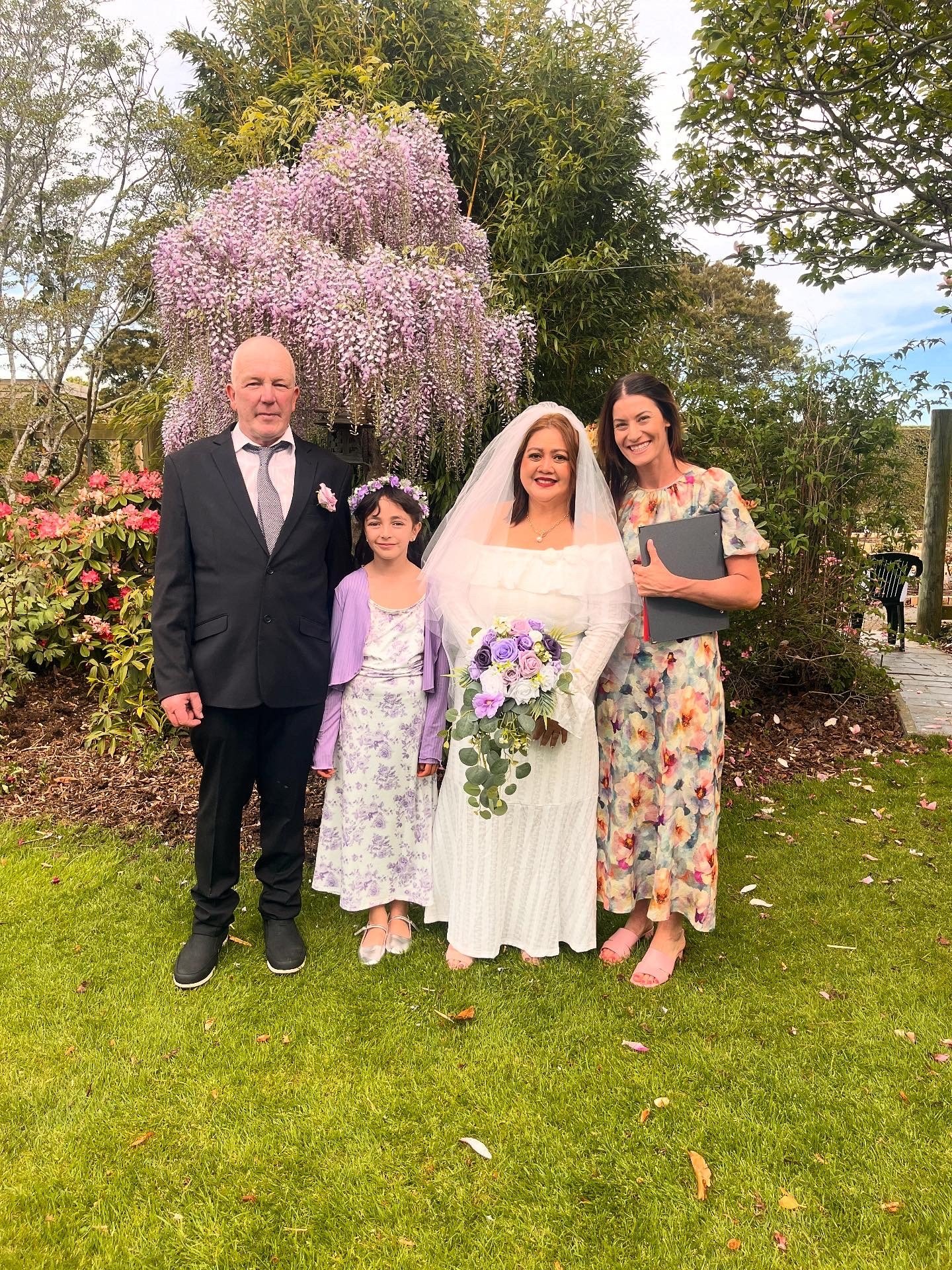 Couple at their spring wedding at Broadfield Garden in Christchurch.