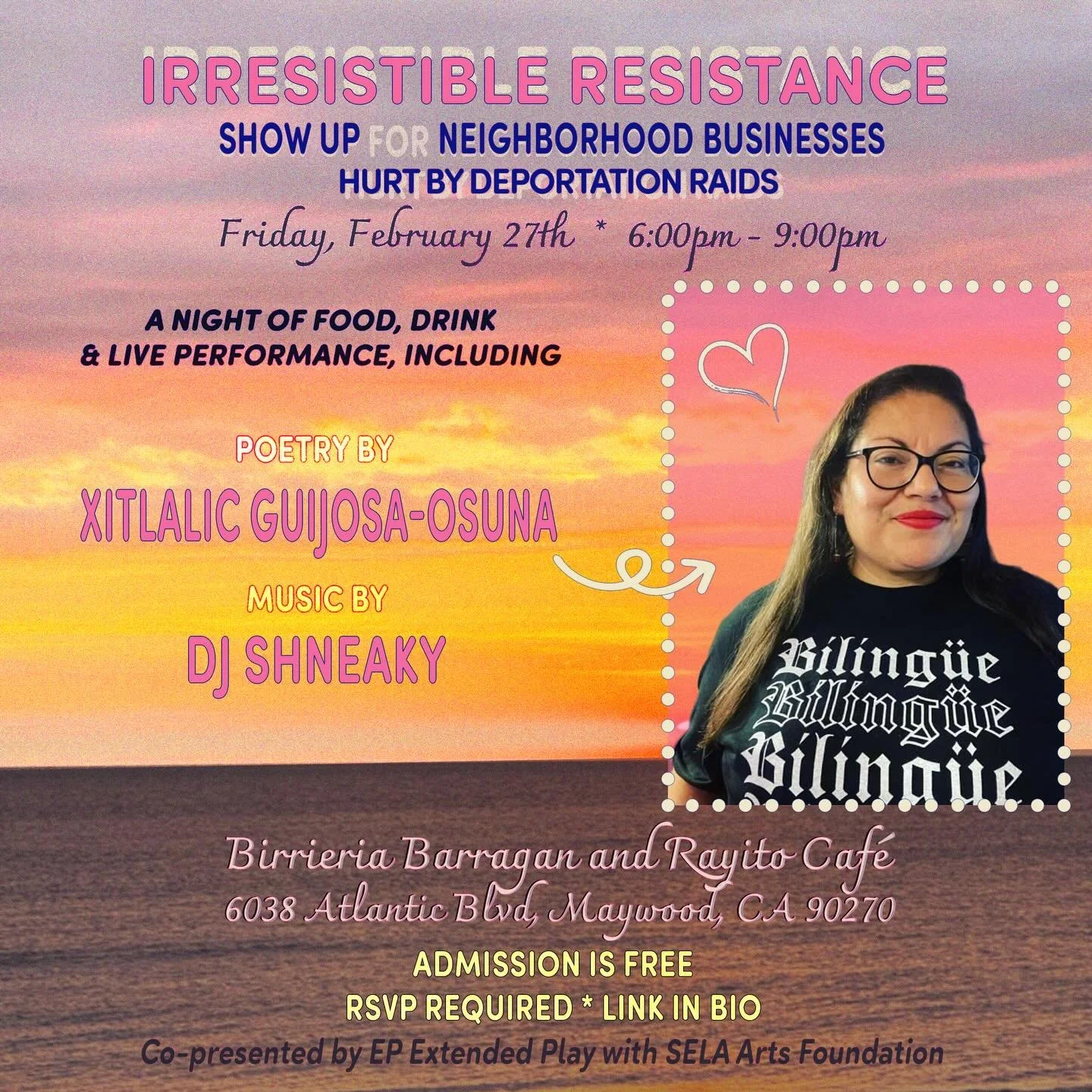 &ldquo;The role of the artist is to make the revolution irresistible.&rdquo; &mdash; Toni Cade Bambara

Our community is under attack, but our joy, creativity, and care are forms of resistance.
Join us Feb 27 for Irresistible Resistance in SELA as we