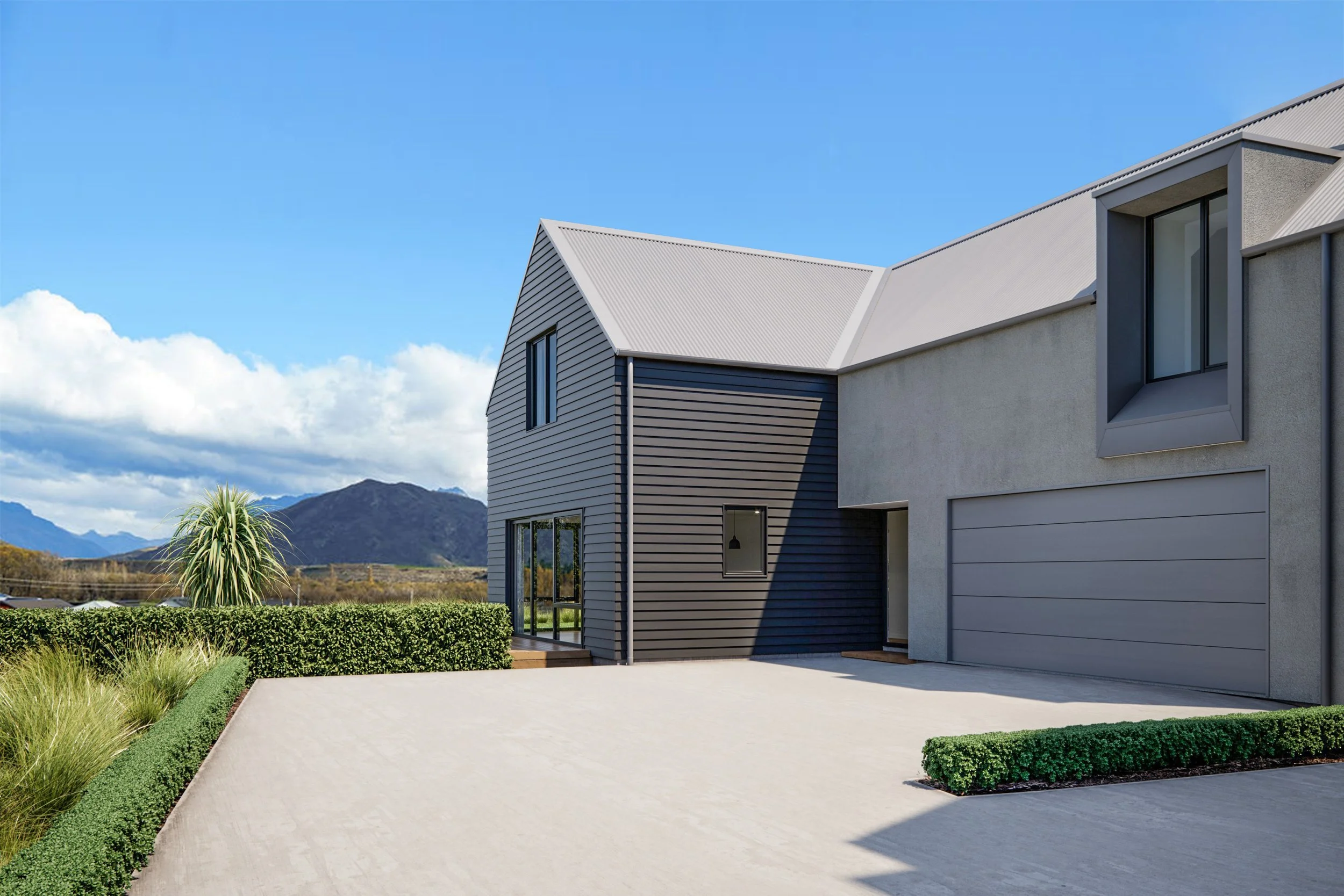 A Shotover Country home exterior with wide driveway, built by Otago Homes.