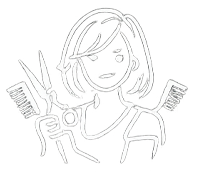 Drawn Icon of a hairstylist with shoulder-length hair, smiling, holding a hairbrush, comb and scissors at the Chelsea Extension Co. Salon in Surrey BC Canada..