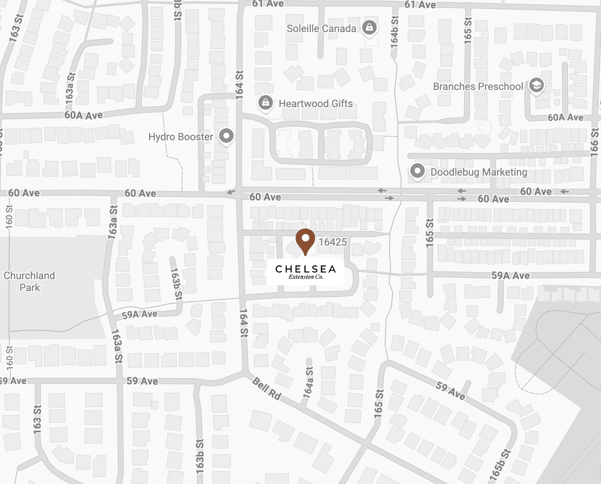 Map showing Chelsea Extension Co at 16425 on a grayscale neighborhood map with streets, parks, and local businesses labeled.