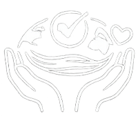 Hands holding a circular checkmark, heart, and arrow symbol inside, representing care or support.