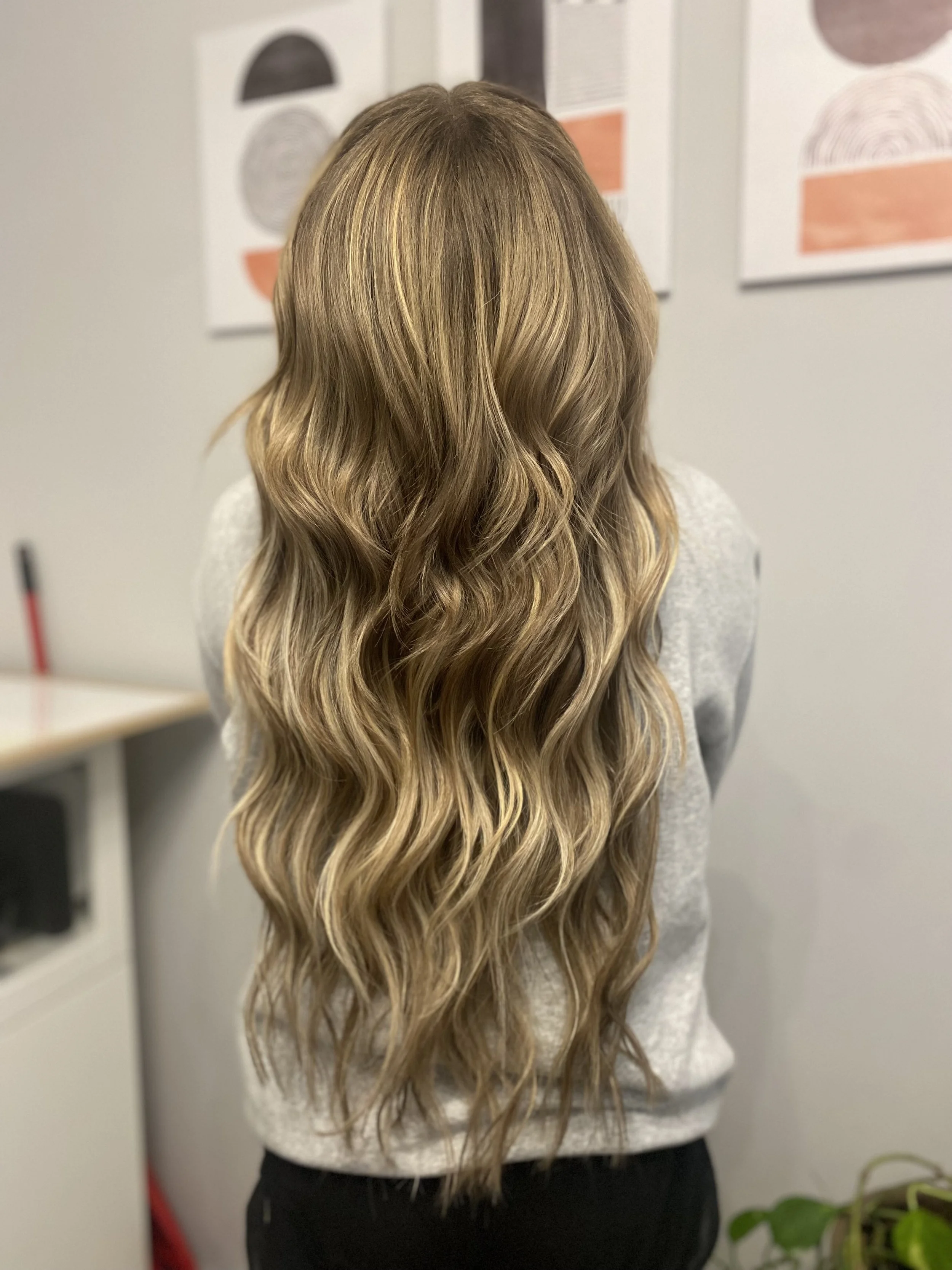 Back view of a woman with long, wavy, blonde hair.