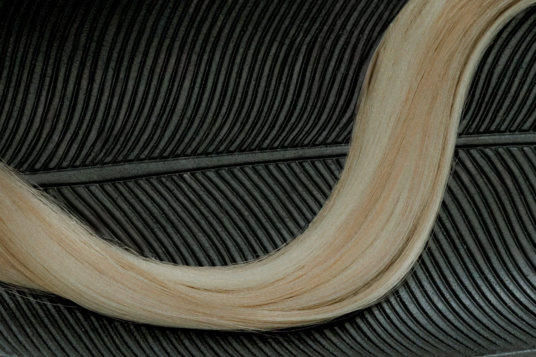 Close-up of a blonde hair extension in an "S" shape, sitting on a hair stylist's mat that resembles a black feather, at Chelsea Extension Co's home salon in Surrey, BC, Canada.