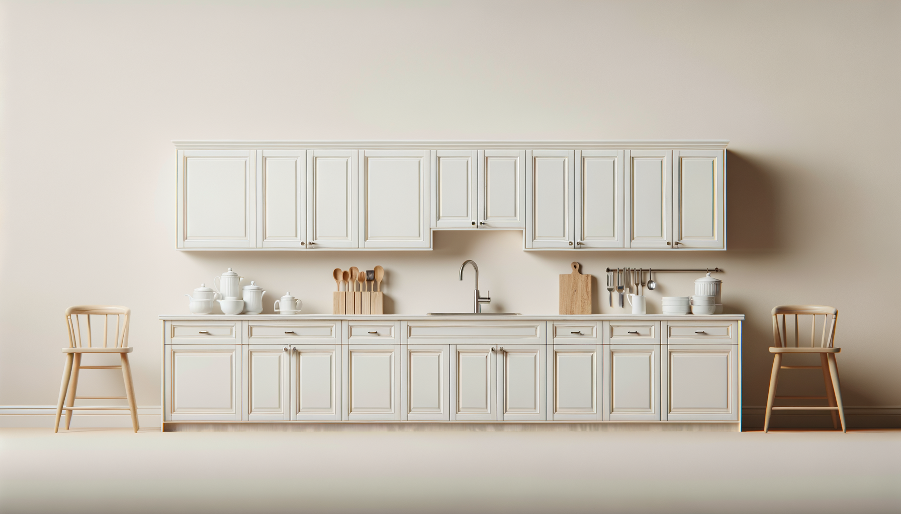 Kitchen cabinetry concept with pale green cabinets, a sink, and light countertops.