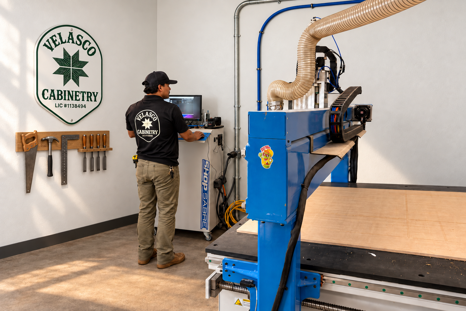 Sam Velasco operating a CNC router in the Velasco Cabinetry workshop.