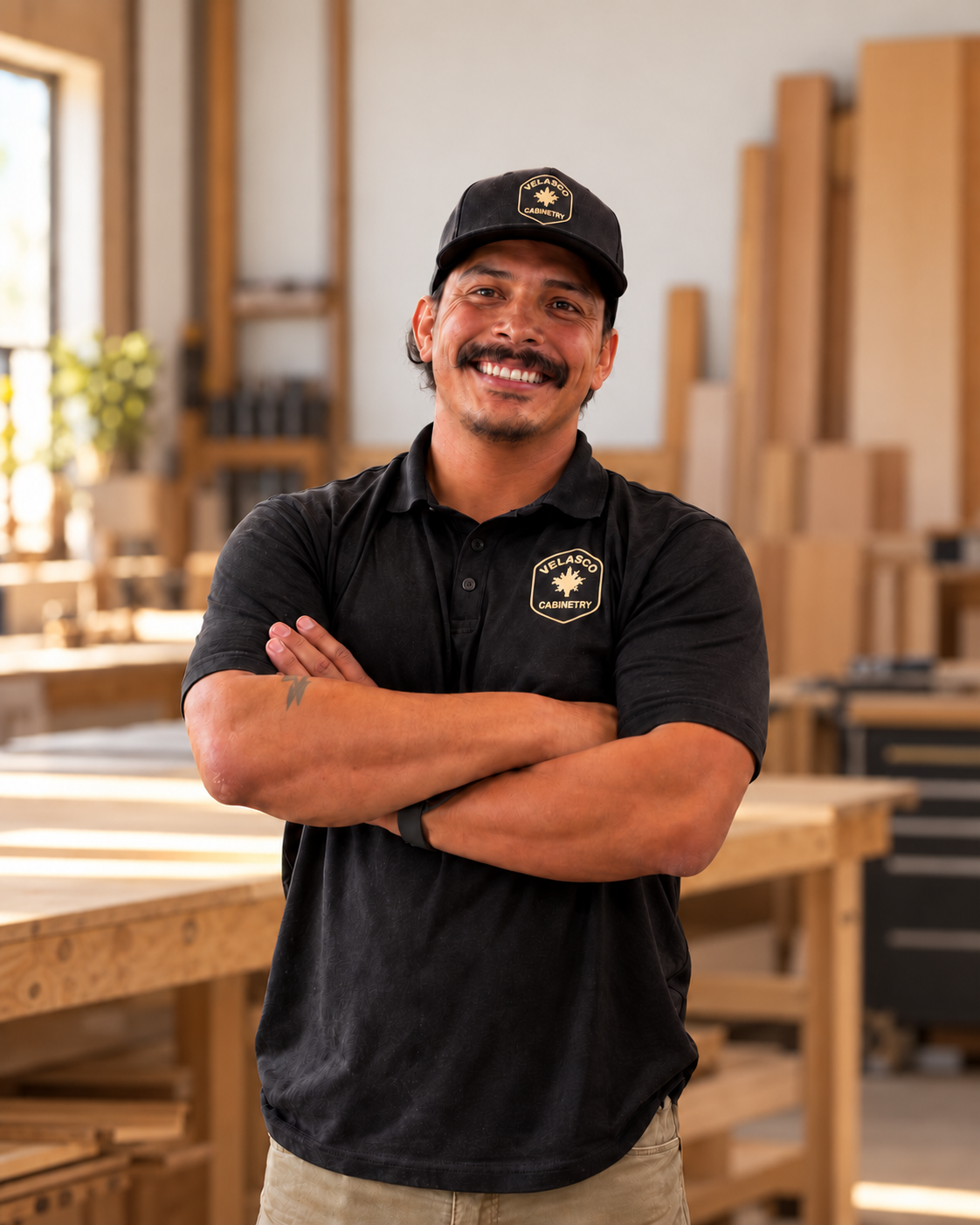 Sam Velasco standing with his arms crossed in the Velasco Cabinetry workshop.