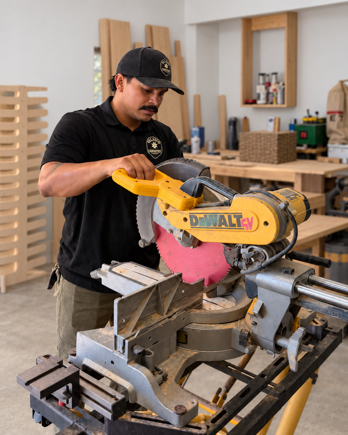 Sam Velasco working at a sliding miter saw in the cabinetry workshop.