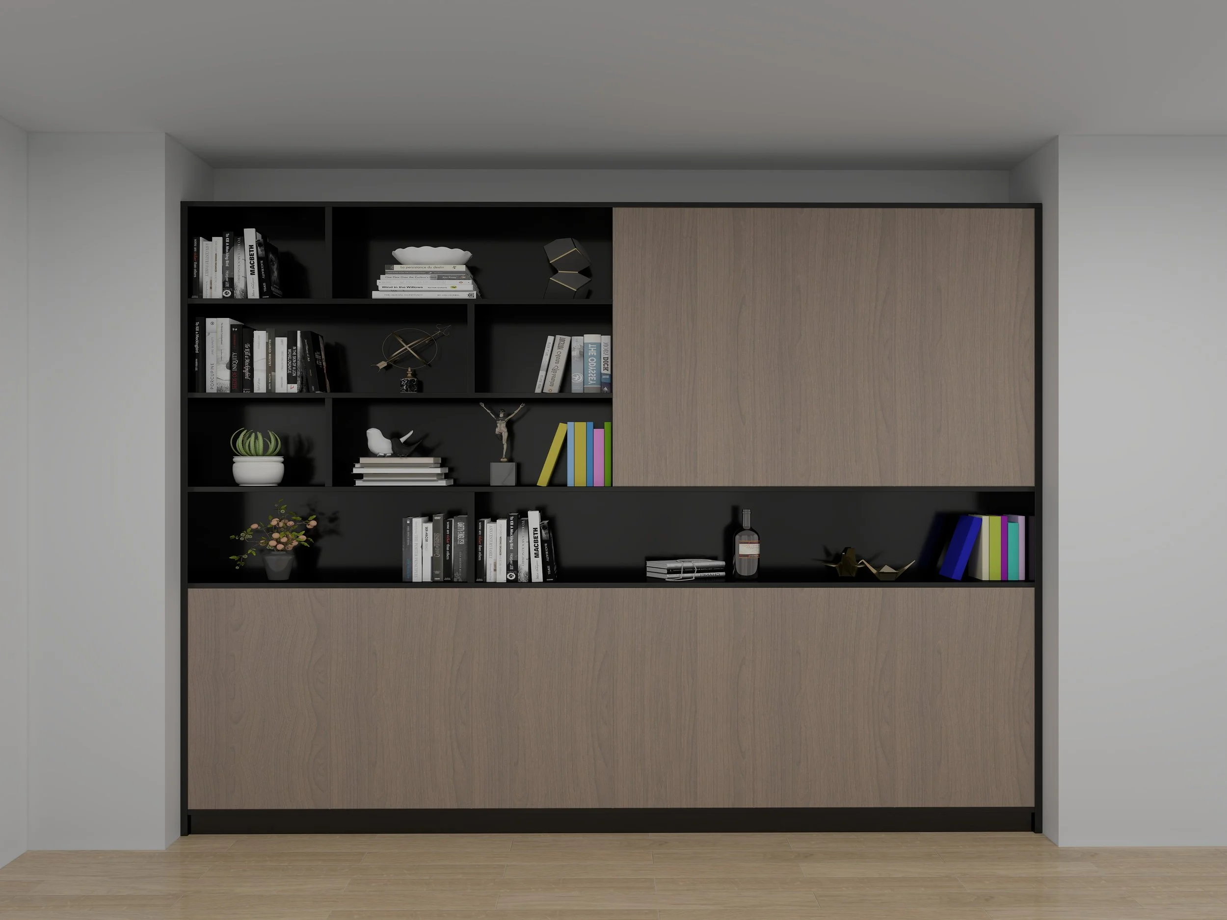 Black and wood bookshelf with decorative items, books, and plants in a modern room.