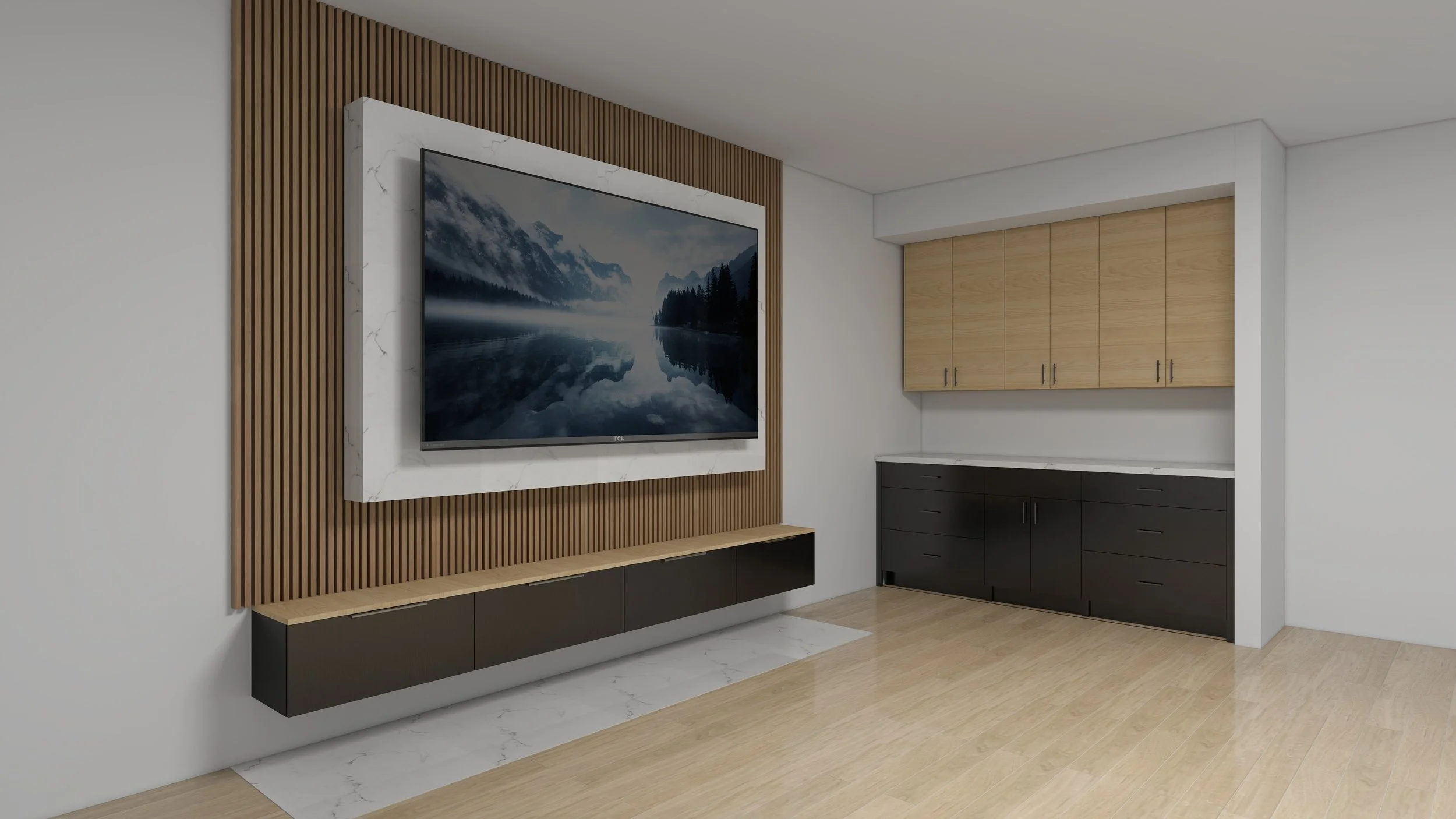 Modern living room with a wall-mounted flat screen TV on a wooden slat background, a floating black and wood TV stand, and built-in wooden cabinets with black lower cabinets, white walls, and a light wood floor.