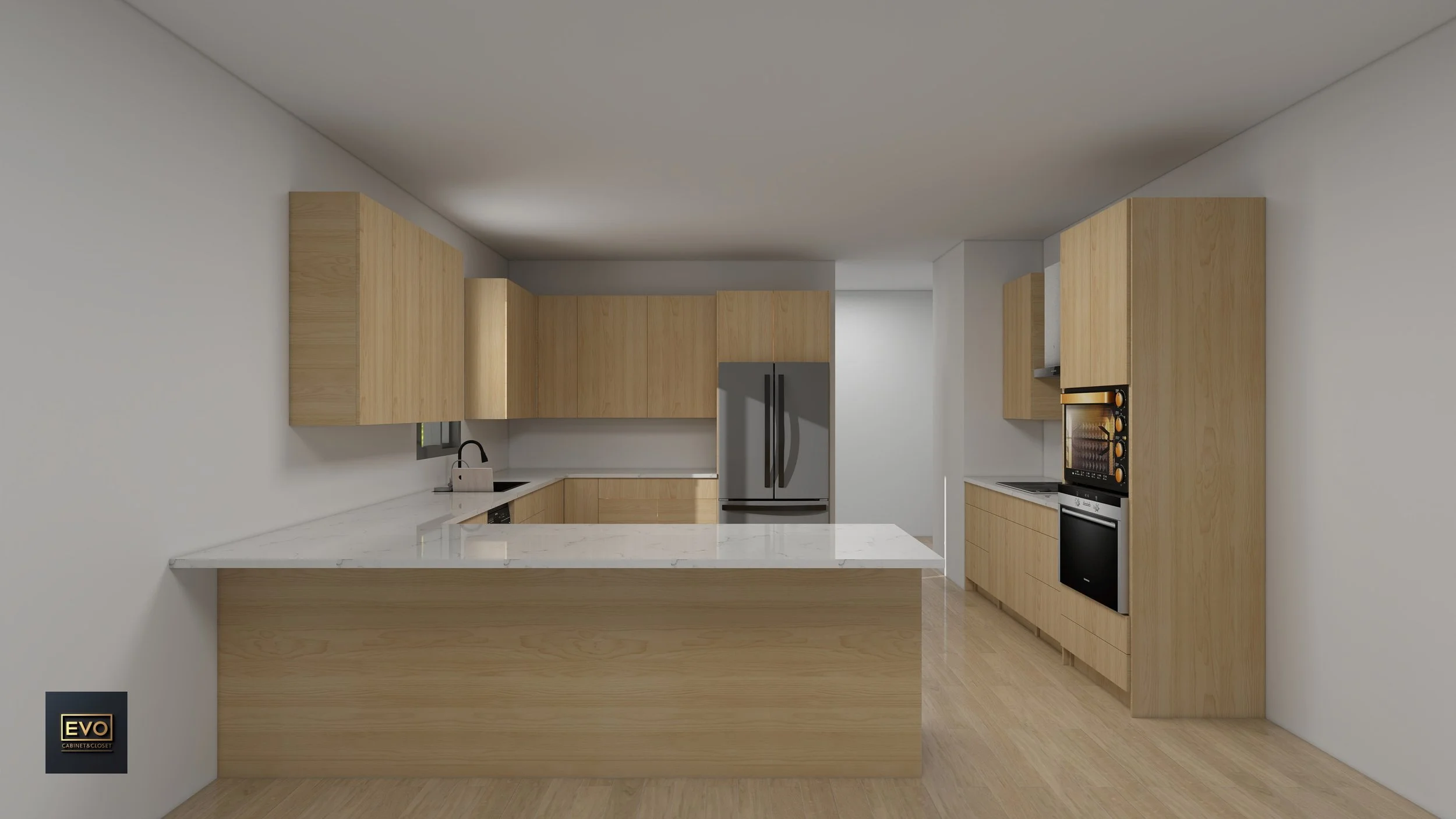 Modern kitchen with light wooden cabinets, white marble countertop, stainless steel refrigerator, built-in oven, and minimalist design.