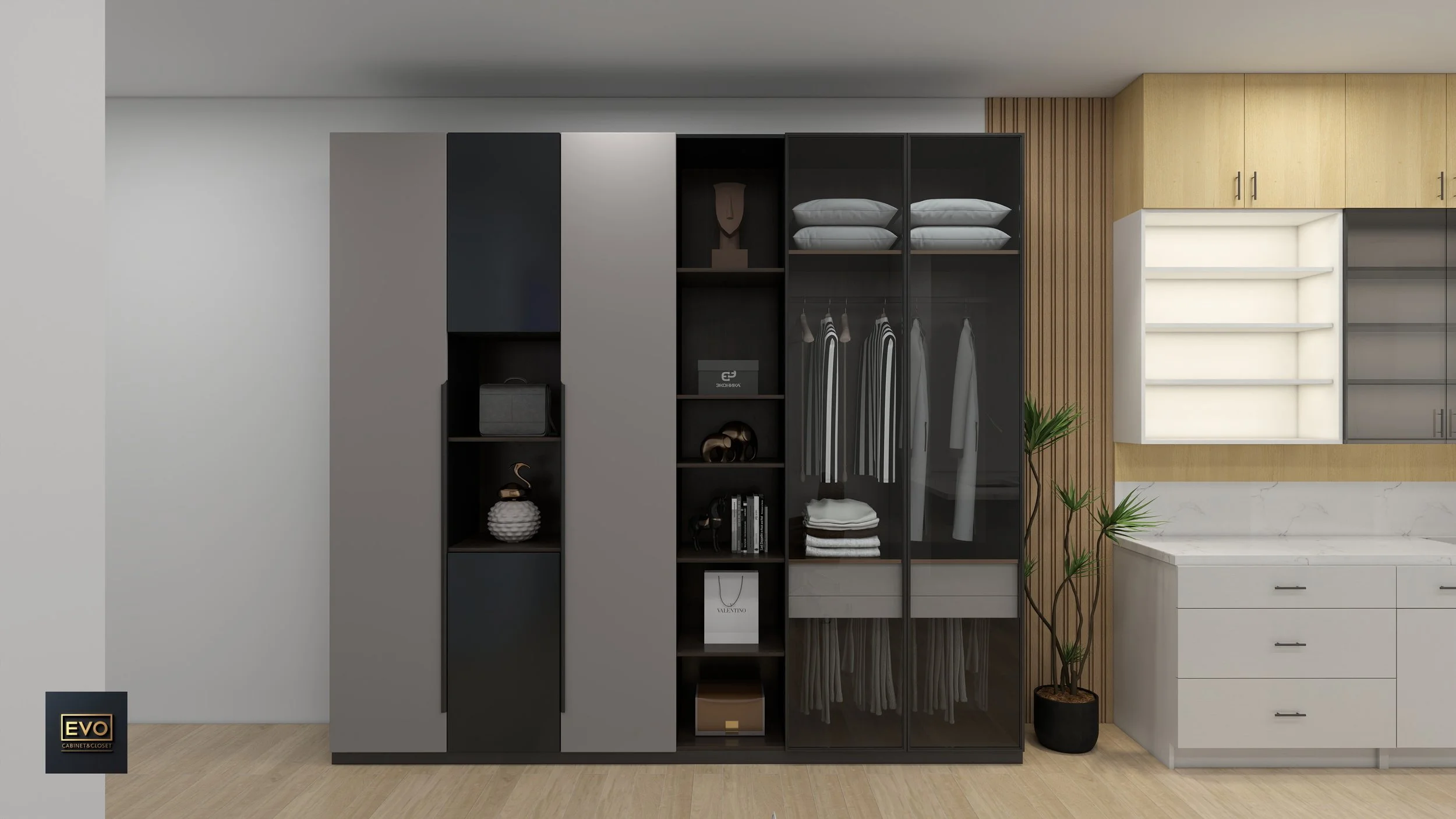 Modern wardrobe with black and gray sections, glass sliding doors, and organized clothing and accessories, next to a white marble countertop and open shelves with wood paneling