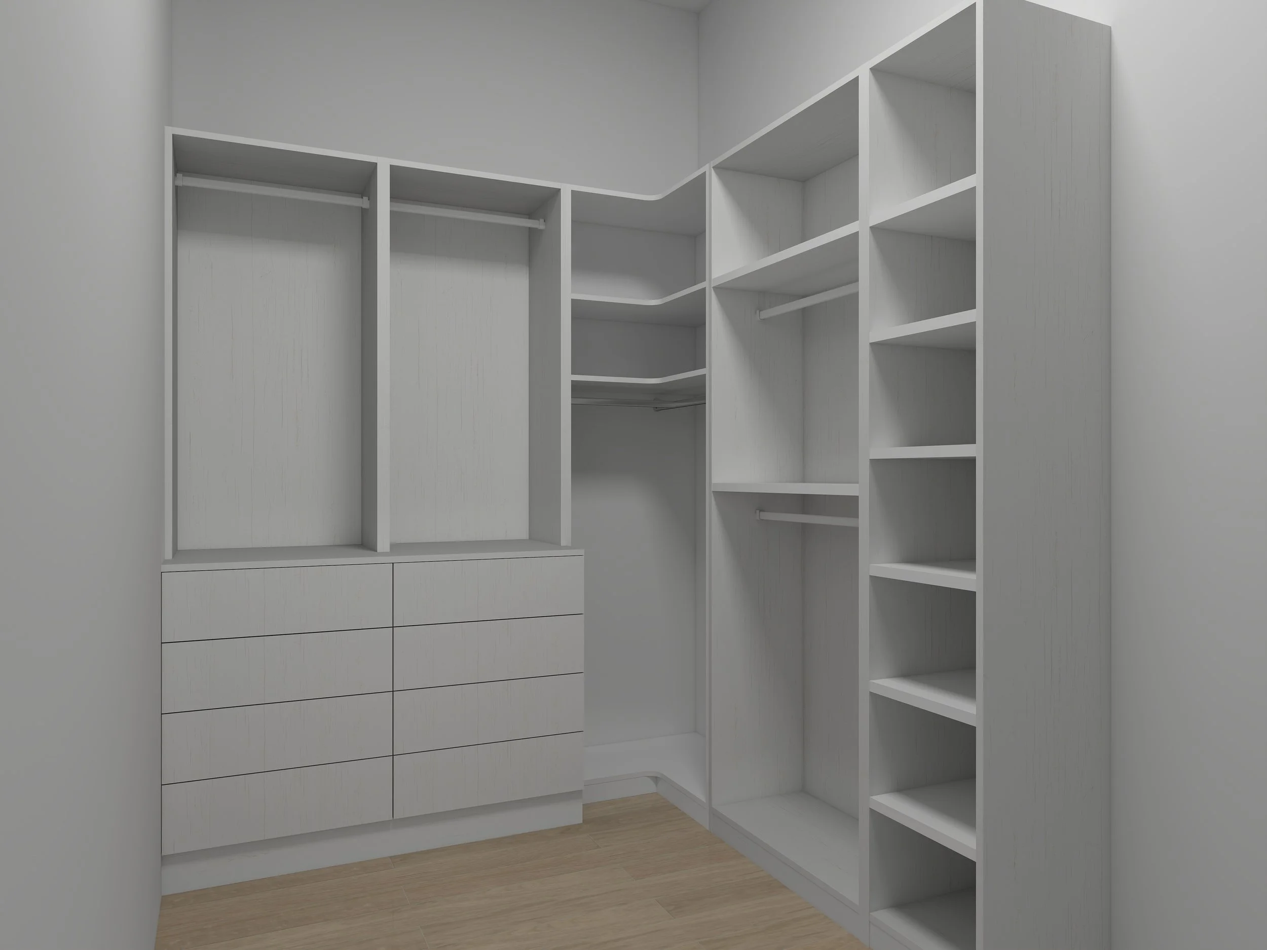 Empty white walk-in closet with built-in shelves, drawers, and hanging rods.