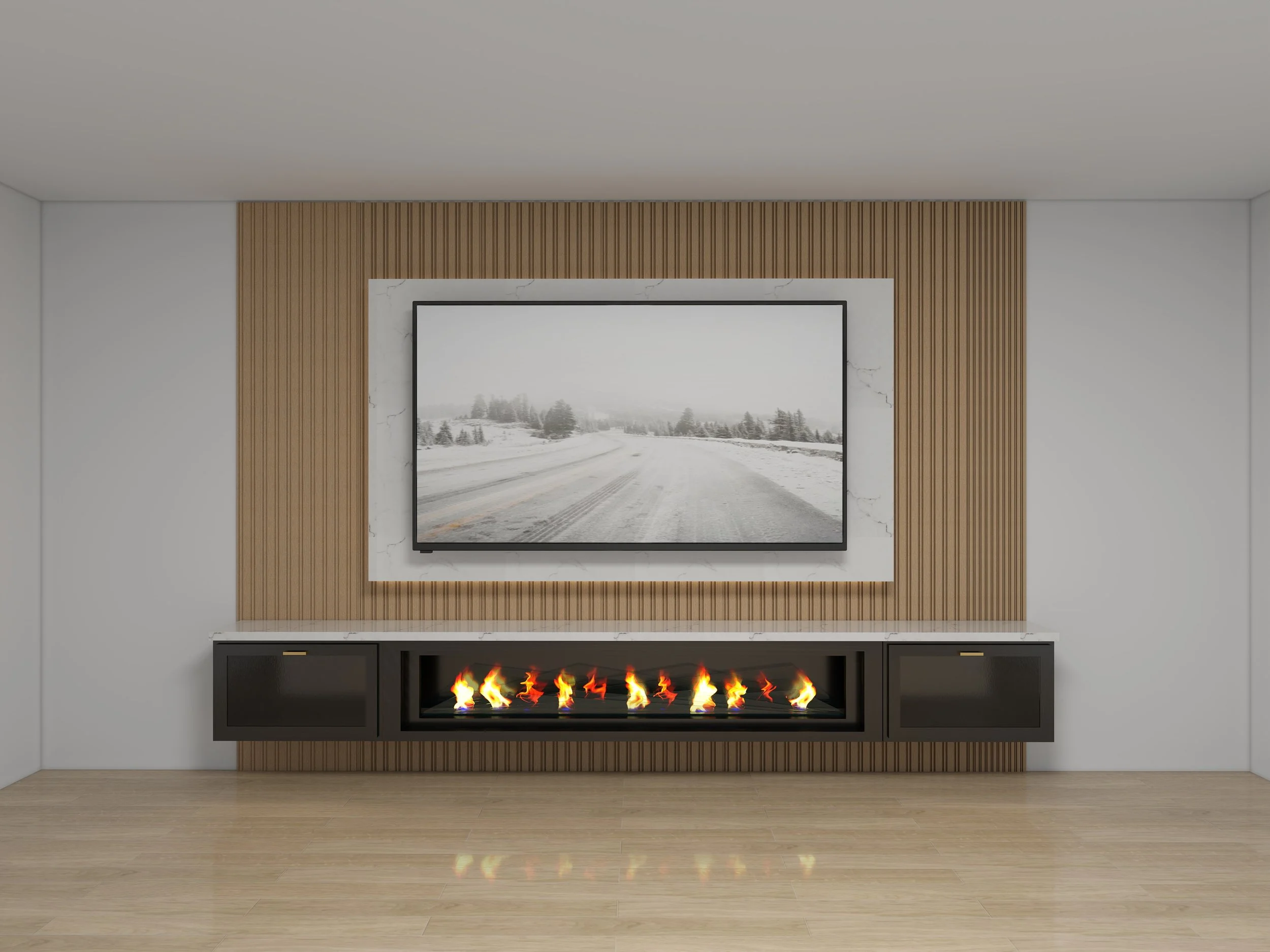 Modern living room with a gas fireplace, white walls, wooden panel accent wall, and a large framed black and white landscape photograph.