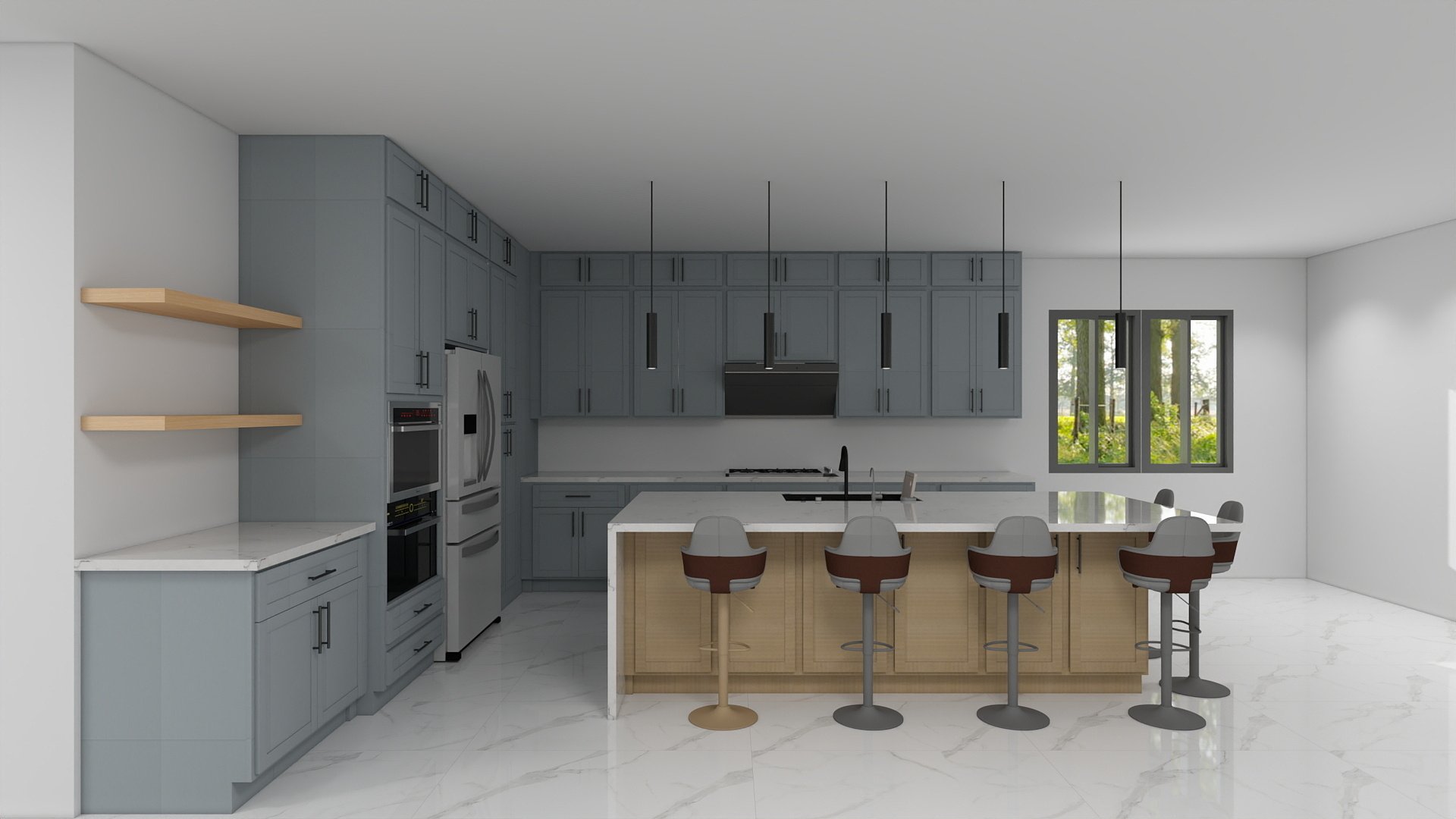 Modern kitchen with gray cabinets, white marble countertops, a breakfast bar with four stools, and a window looking outside. Open shelving is on the left wall, and black pendant lights hang above the island.