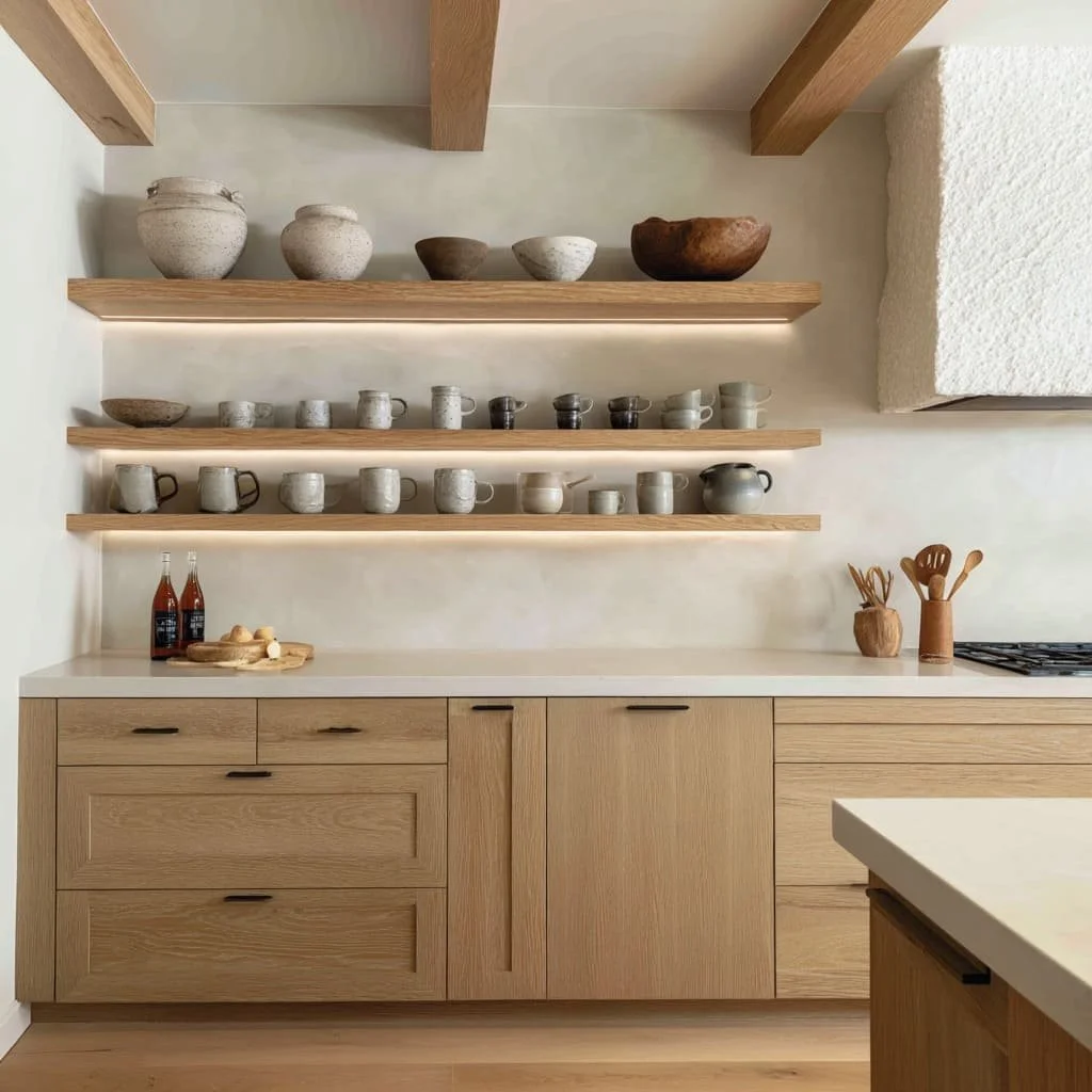 Open kitchen with wooden cabinets and floating shelves displaying various pottery, cups, and bowls, with bottles, a cutting board, and utensils on the counter.