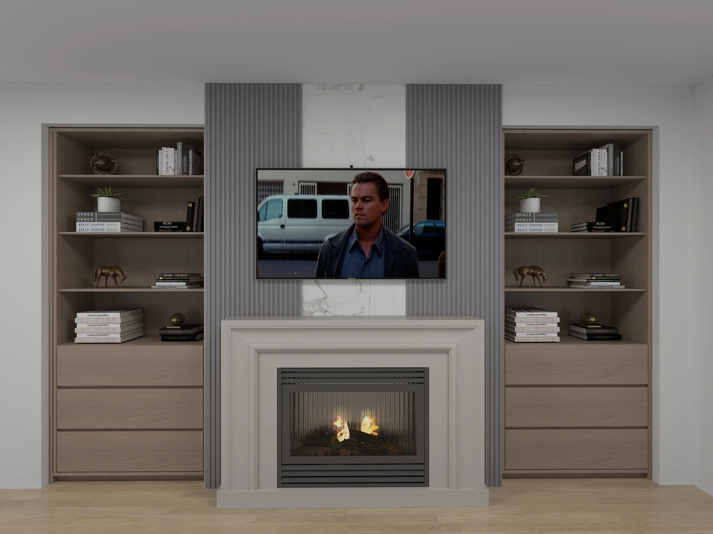 Living room with built-in bookshelves, a TV above a fireplace, and decorative items on the shelves.