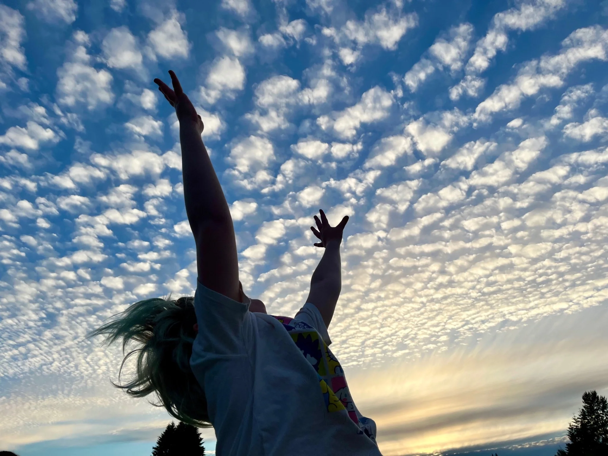 A person with dyed hair reaching up toward the sky with arms raised, silhouetted against a sky filled with fluffy white clouds in the evening or late afternoon.