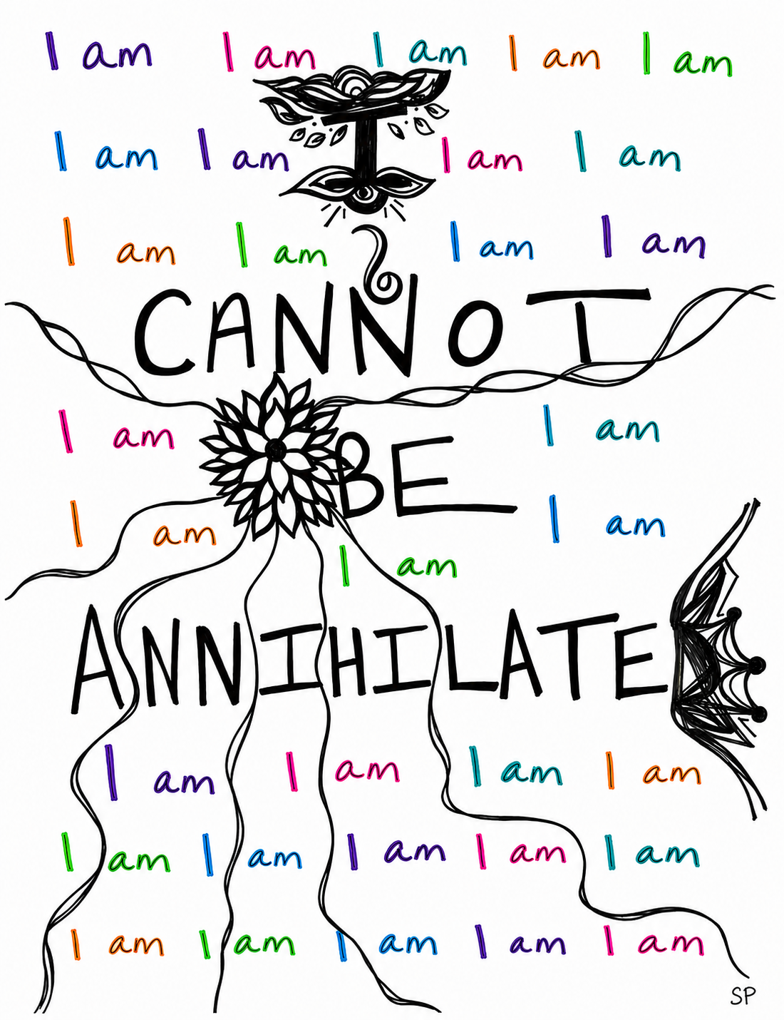 A colorful illustrated quote saying 'I am', 'I cannot', 'I be', and 'I apologize' with decorative elements, hearts, flowers, and a crown.