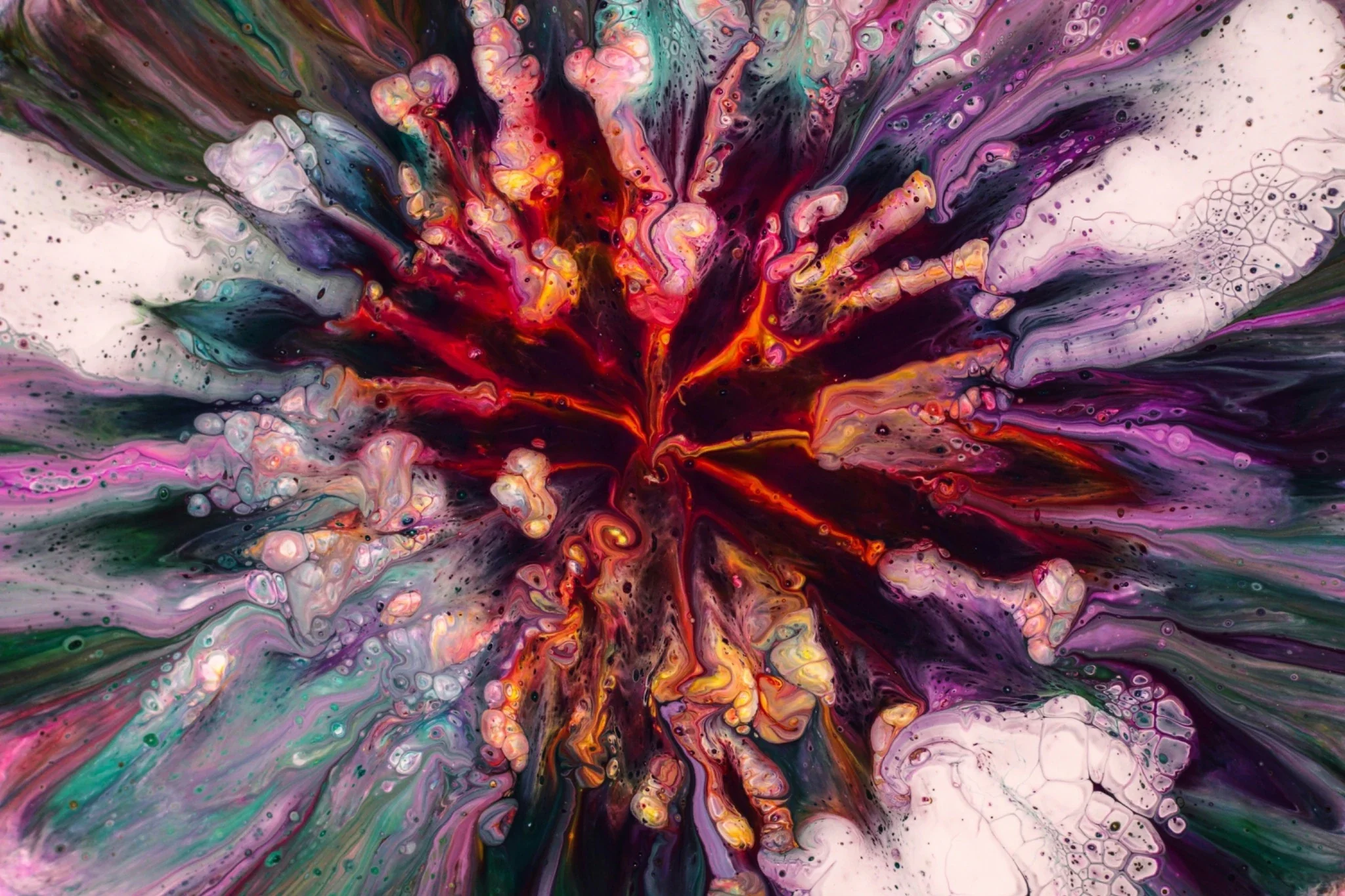 Abstract liquid art painting with a mix of deep reds, golds, teals, and blacks. The dynamic, flowing composition exudes energy and movement, perfect for a welcome page slideshow.