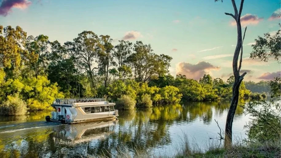 A boat sailing on a calm river surrounded by lush green trees and a clear sky.