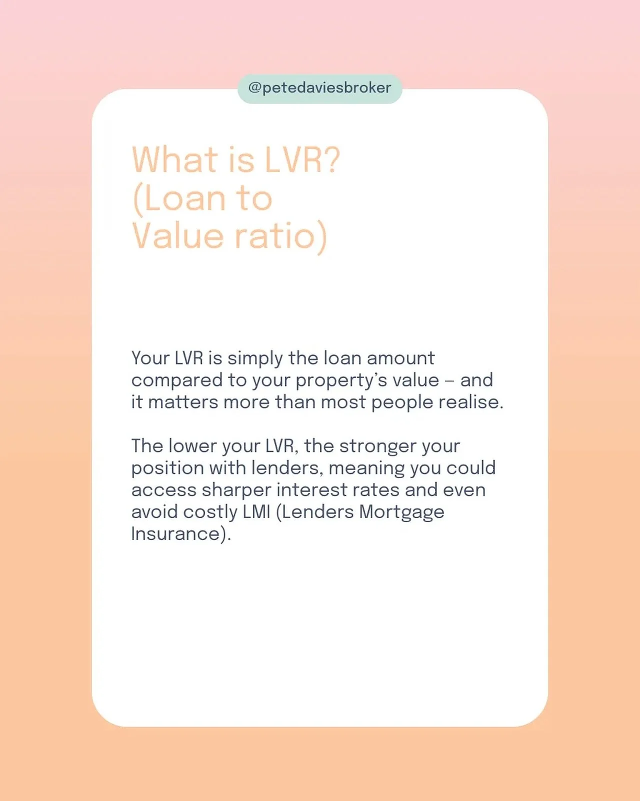 Ever wondered why your rate isn&rsquo;t the same as your mate&rsquo;s?

👀 It&rsquo;s often down to one little number &mdash; your LVR (Loan to Value Ratio).
It tells the bank how risky your loan is.

High LVR = higher risk = higher rate.

Lower LVR 