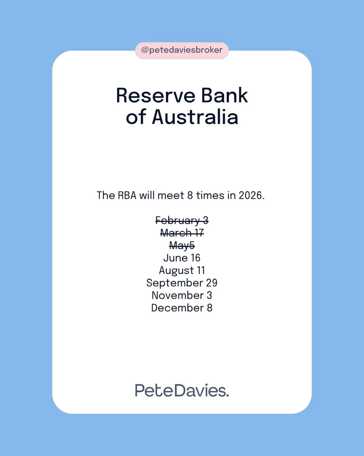 📅 RBA Watch 👀

The next Reserve Bank meeting is scheduled for June 15&ndash;16, with the official cash rate announcement due on June 16.

Markets, borrowers and property owners will all be watching closely to see whether rates hold steady or if we 