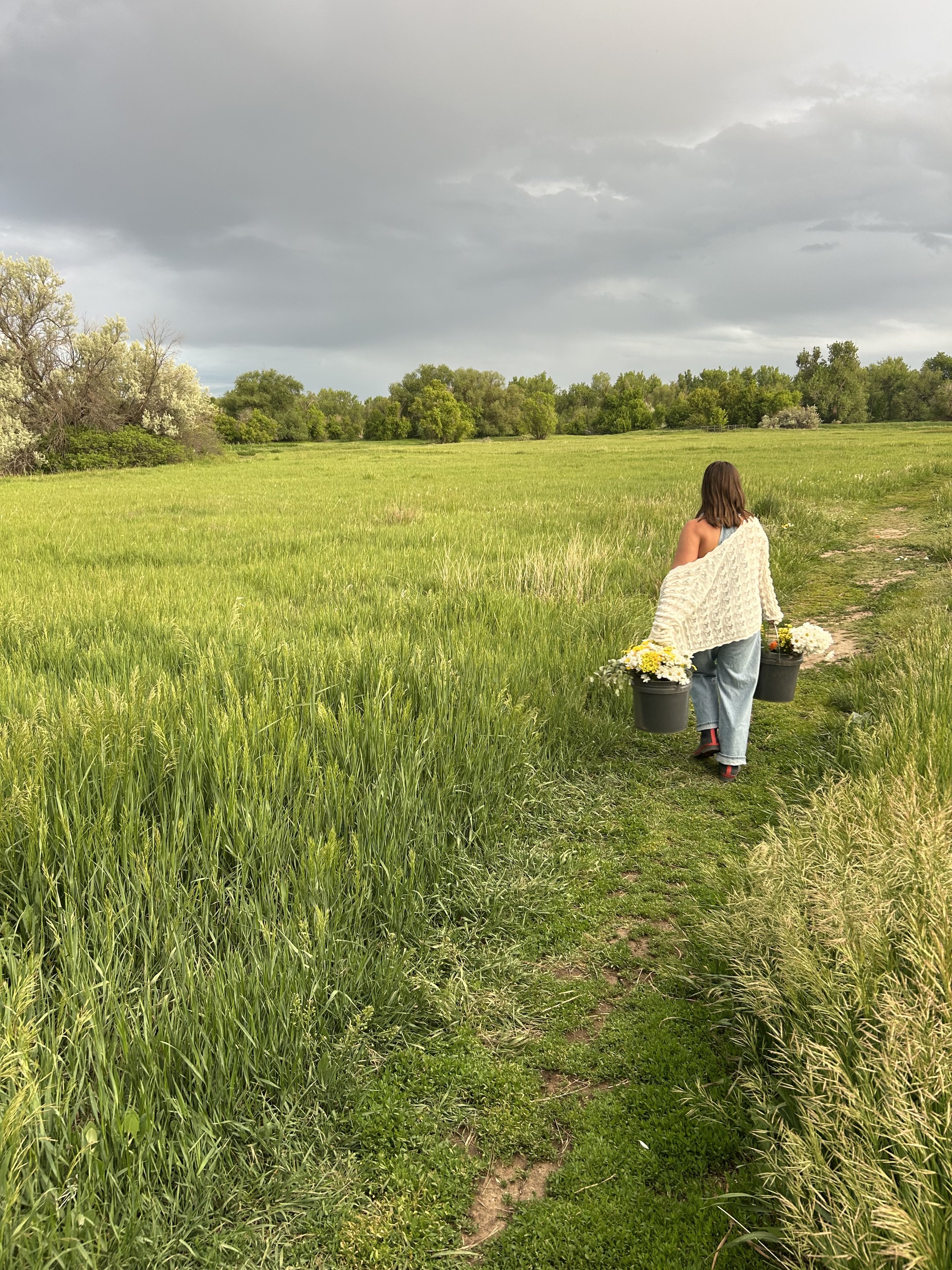 Woman carrying two buckets filled with flowers walking on a grassy dirt path through a lush green field under a cloudy sky.