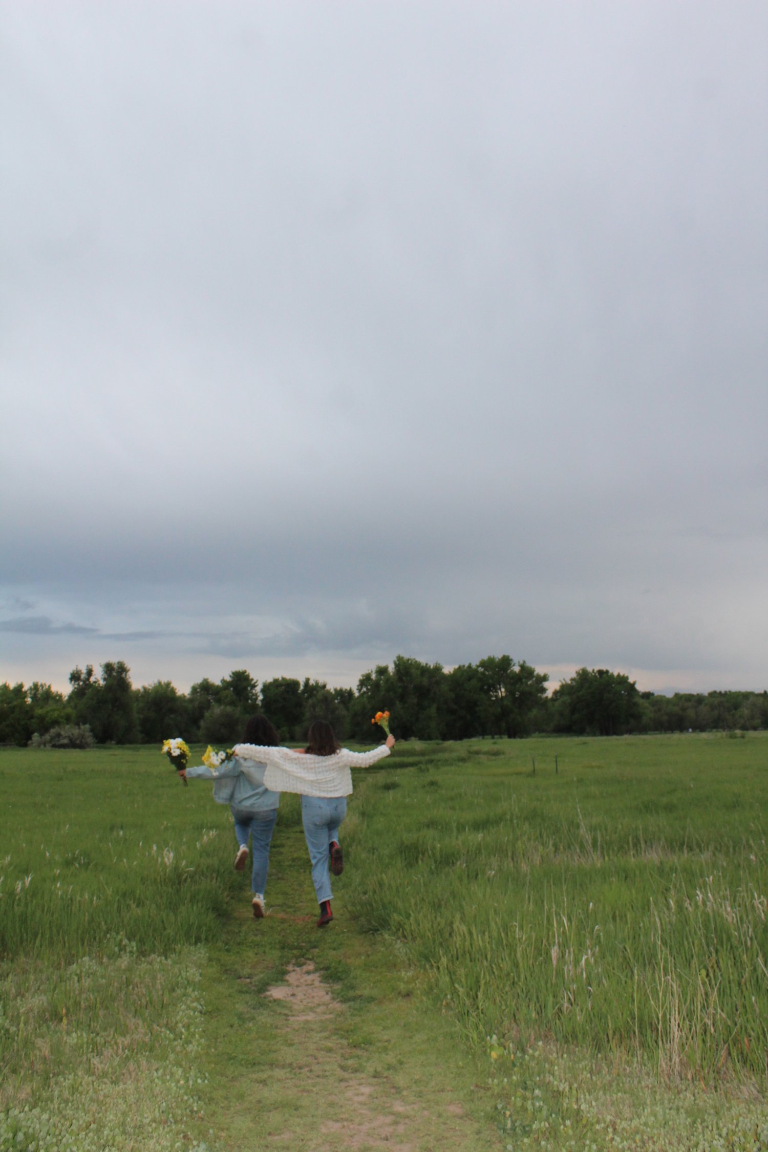 Two women walking on a grassy trail in a field, holding yellow flowers, with a cloudy sky overhead.
