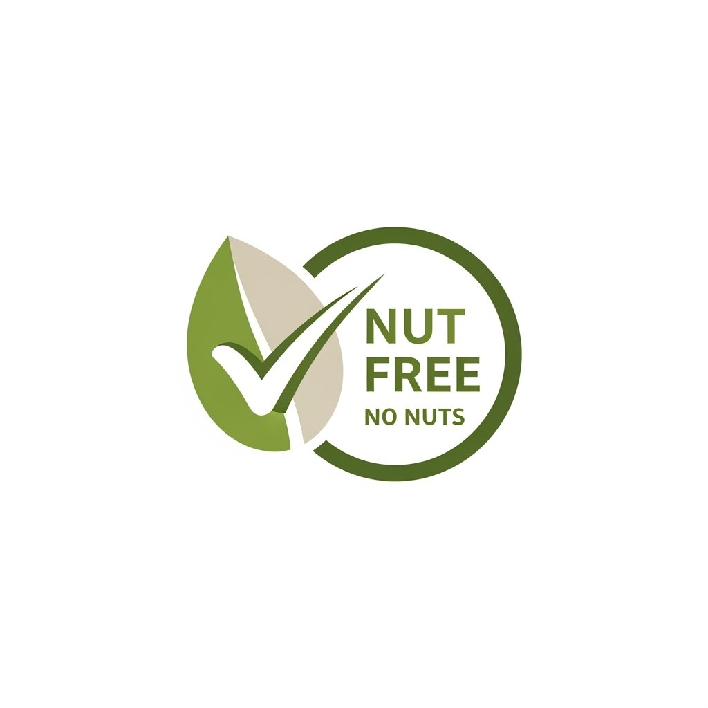 A green and beige icon indicating nut-free and no nuts, featuring a leaf, a checkmark, and text that reads 'Nut Free No Nuts'.