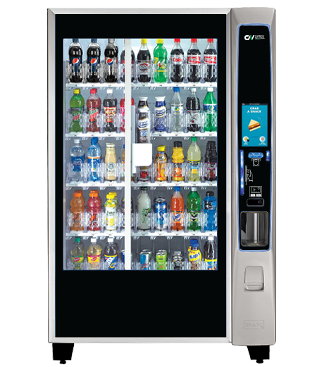Vending machine filled with various bottled beverages including soda, water, and juice.