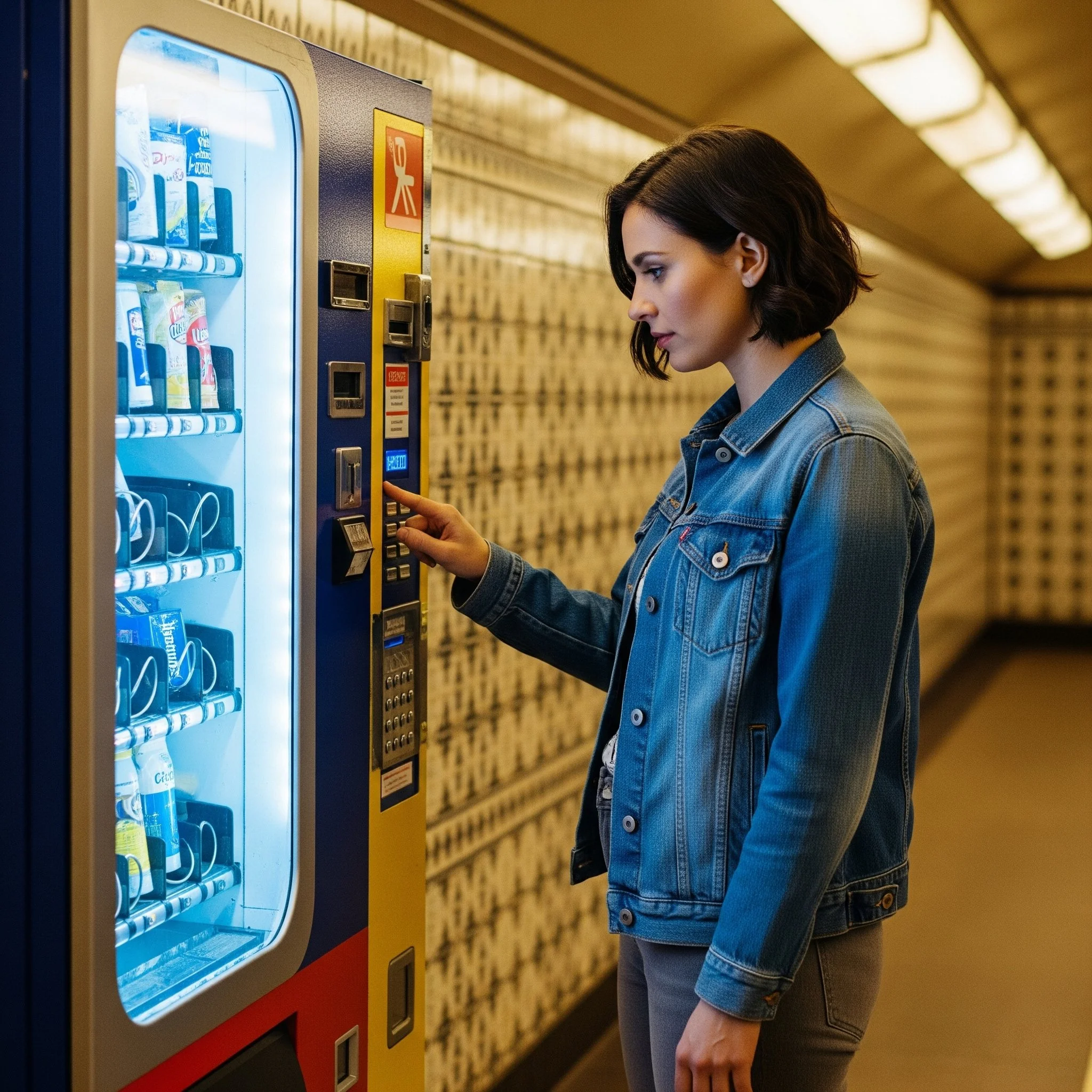 A woman in a denim jacket using a vending machine in a hallway.